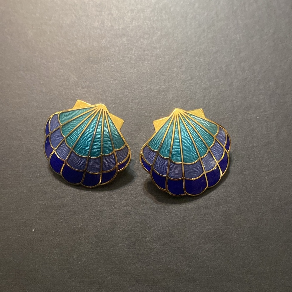 Vintage Cloisonné Enamel Sea Shell Earrings Blue,Purple & Green w/Gold Tone Post